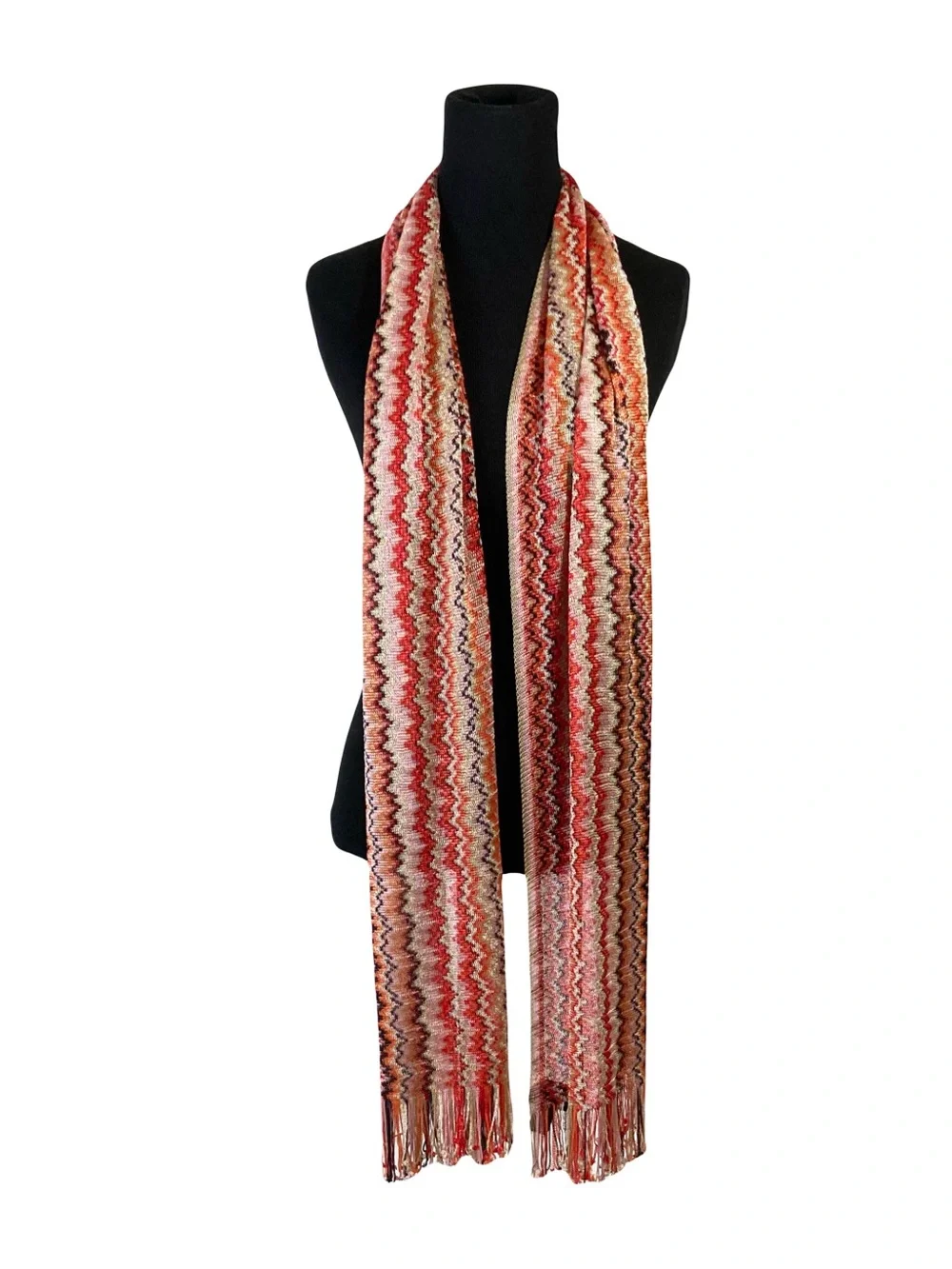 MISSONI Scarf 12.5”x76”ITALY Chevron ZigZag Silver-Lyrics Fringe Knit Multicolor